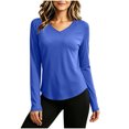 thumbnail image 2 of Women Tops V Neck Loose Fit Solid Color Pullover Top Sporty Long Sleeve Shirt with Curved Hem for Yoga Fitness Daily Outing Wear, 2 of 7