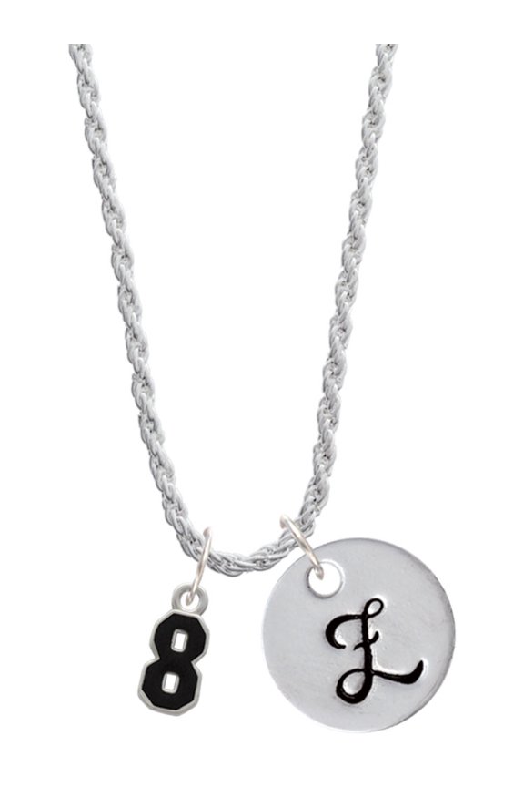 Silvertone Black Number - 8 Silvertone Script Initial Disc - Z - Charm Necklace, 20"+3"