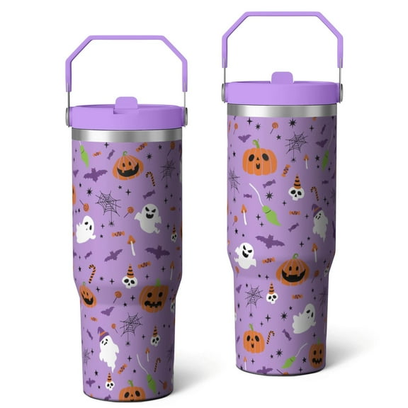 30oz Insulated Stainless Steel Tumbler for Halloween - Flip Straw, Top Handle, Keeps Drinks Hot/Cold 12H, Goth Ghost Design Holiday Gift