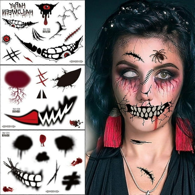 Halloween Clown Mouth Temporary Tattoos - 9Pcs Funny Prank Makeup Face Decals for Adults, Horror Lip Decoration, Fake Tattoo Stickers for Halloween Co