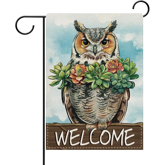Welcome Owl Succulent Garden Flag 12 x 18 Inch Double Sided Burlap Spring Summer Farmhouse Yard Outdoor Decor
