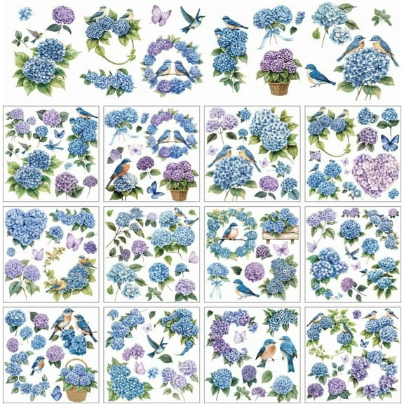 12 Sheets Blue Purple Hydrangea Rub on Transfers for Crafts Hydrangea Bouquet Wreath Rub on Transfer Stickers PVC Rub on Decal for DIY Home Furniture Window Wood 14x14cm