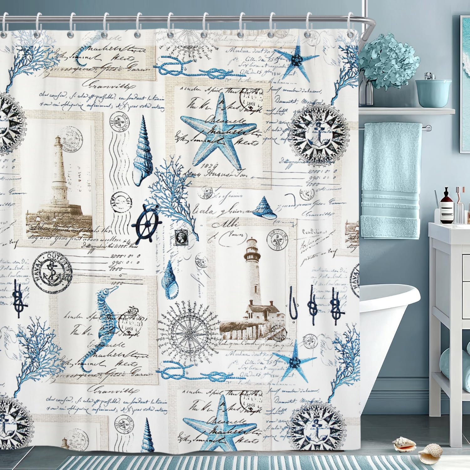 Summer Sea Theme Tall Shower Curtain,Nautical Coastal Seahorse Shower Curtains for Bathroom Decor,Long Shower Curtain 72x78 Inch