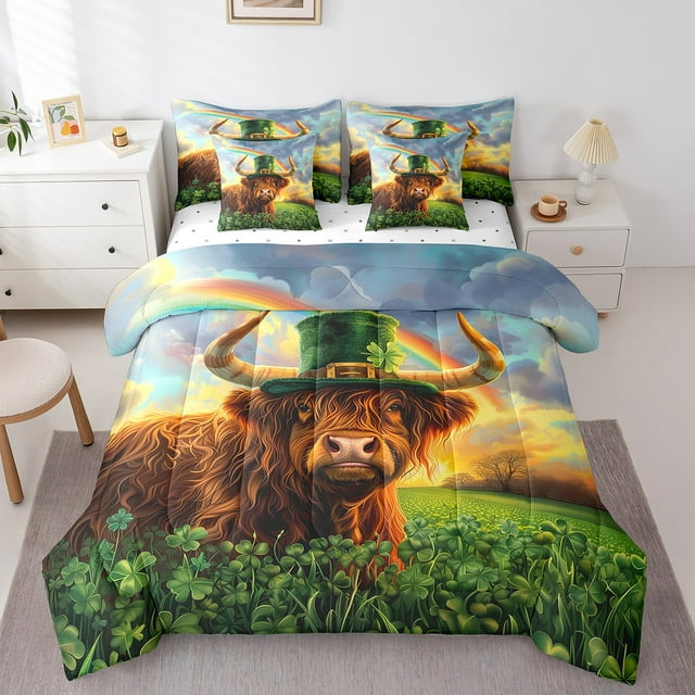 Erosebridal Ensembles de Literie Vache Rustique Format Double, Ensembles de Douillette Saisonniers de Printemps avec Draps, Ensemble de Lit Réversible Trèfle Vert, Décoration de Chambre Légère, 7 Pcs