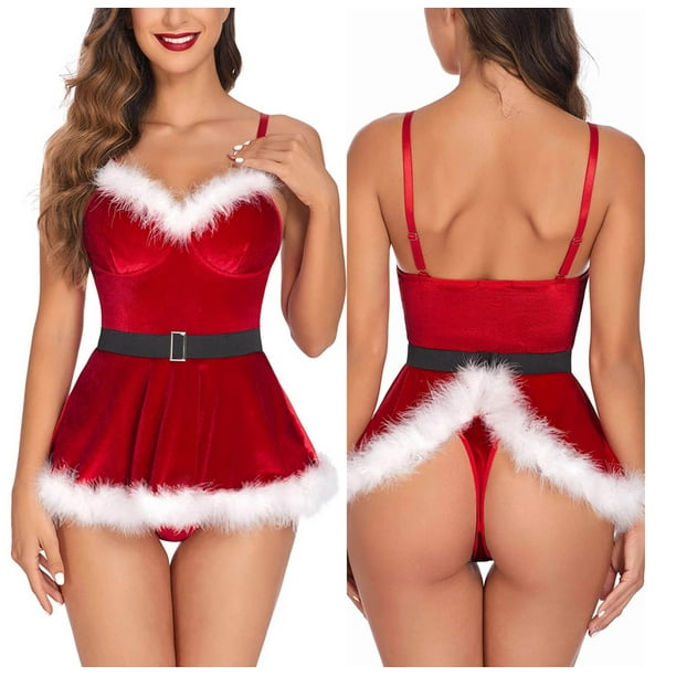 Lencería sexy navideña para adultos, traje de Navidad de una pieza con lazo y tirantes sexy