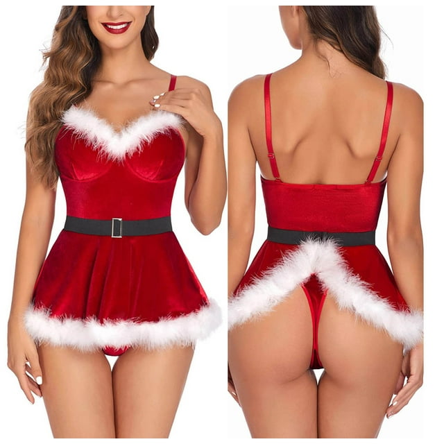 Lencería sexy navideña para adultos, traje de Navidad de una pieza con lazo y tirantes sexy