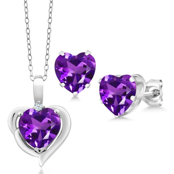 Gem Stone King 4.82 Cttw 8MM Heart Shape Purple Amethyst 925 Sterling Silver Pendant Earrings Set for Women | Gemstone Birthstone | With 18 inch Chain