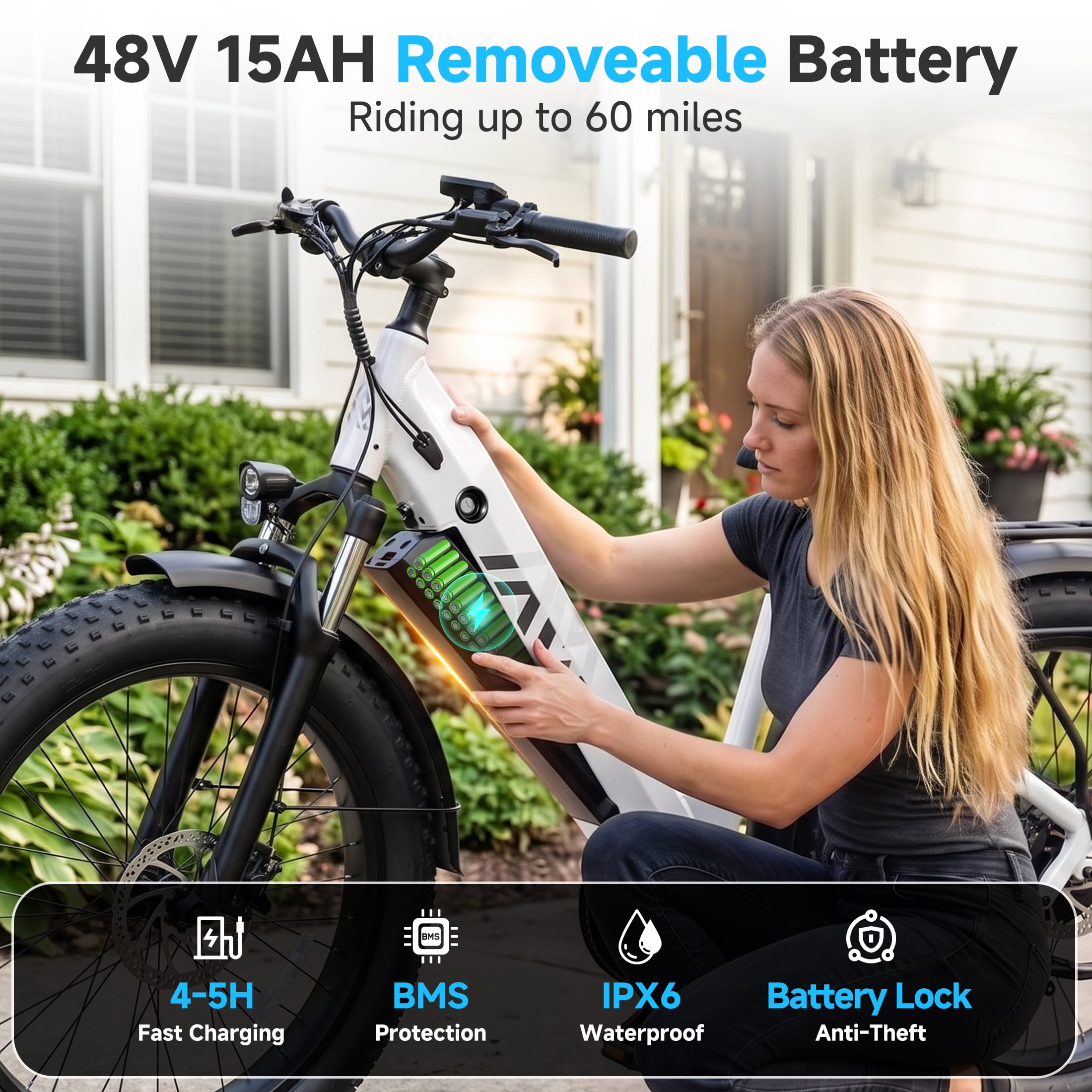 TST Electric Bike for Women, 750W E-Mountain Bike, 26" Fat Tire Electric Bike, 48V/15Ah Battery UL2849, 60Miles Long Range, 7-Speed Gear, 20mph Fast Ebike