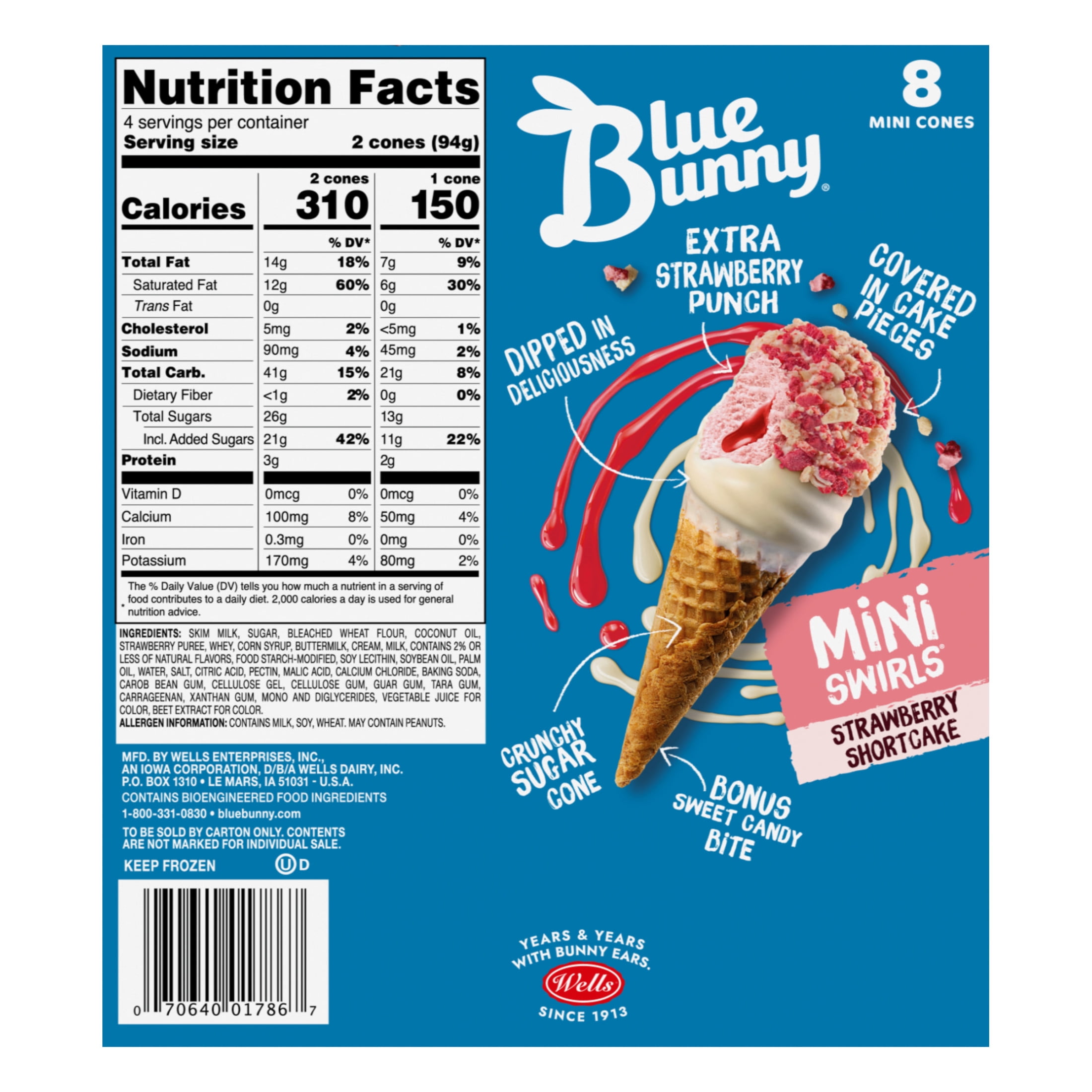 Blue Bunny Mini Swirls Strawberry Shortcake Cones, Frozen Dessert, 8 Pack