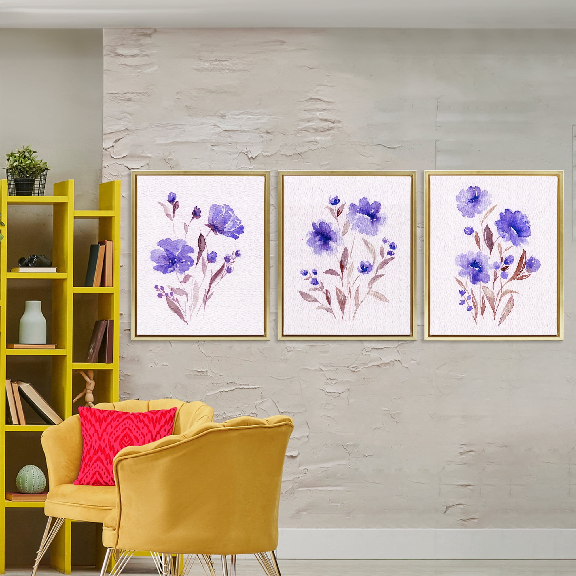 Stupell Industries Watercolor Purple Blooms 3 Piece Gold Framed Floater Canvas Set, design by Leah Noel Art
