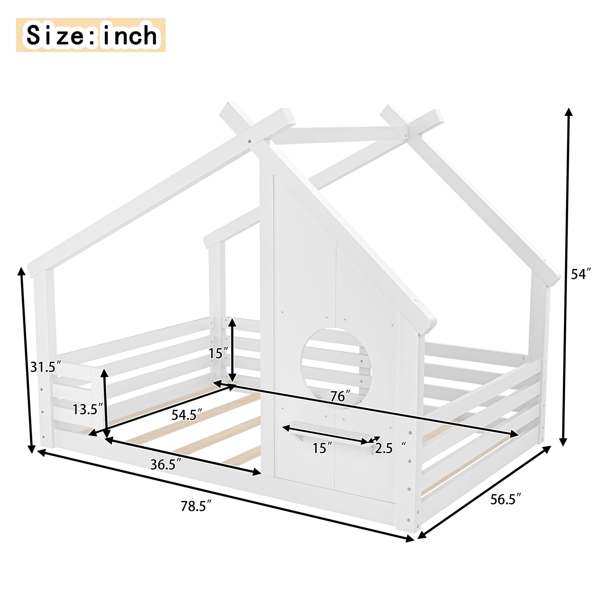 Jopath Full Size House Floor Bed with Window and a Small Shelf, Solid Wood Floor Bed with House-shaped Roof for Boys Girls White
