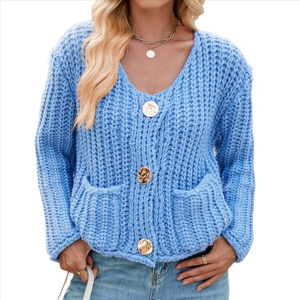 Cárdigan Corto de Punto de Larga para Mujer 2025, Suéter Informal de Crochet con Botones y Bolsillos Azul Oscuro XL