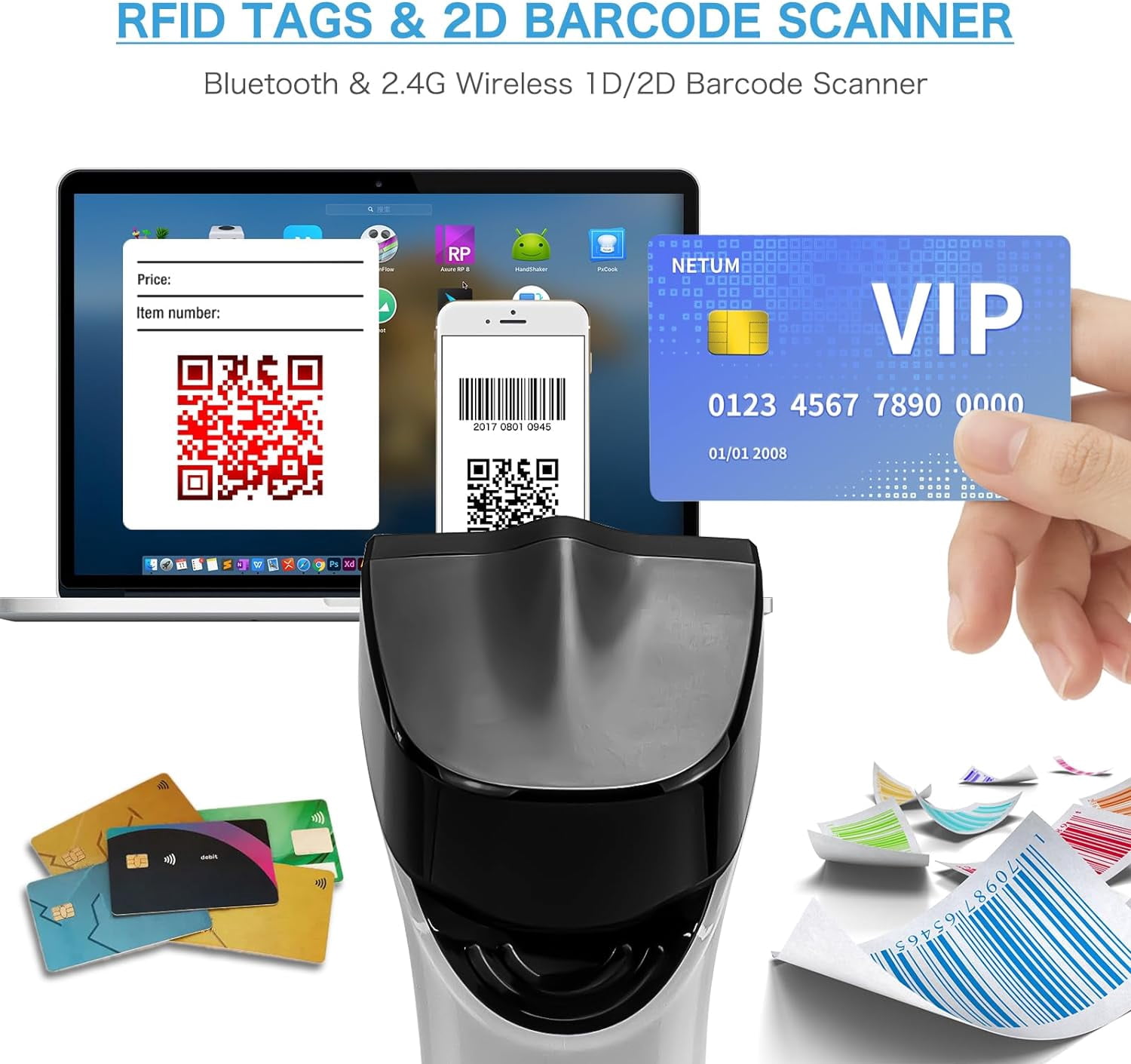 NETUM Wireless Hybrid RFID Imager, NFC HF RFID Tags Reader and 1D/2D QR Barcode Scan, Connect via Bluetooth for Retail Hospitality System DS8100