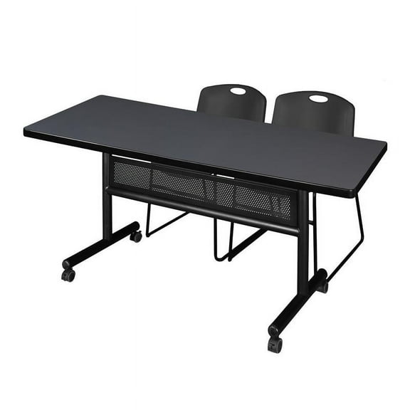72" x 30" Flip Top Mobile Training Table w/ Divider- Grey & 2 Stack Chairs