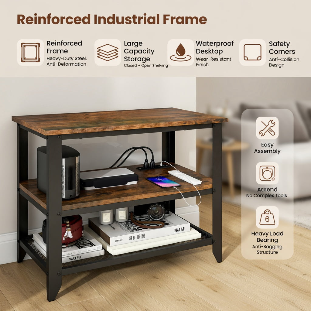 Topcobe 3-Tier Industrial Entertainment TV Stand with Metal Mesh Shelf, Modern TV Stands, TV Furniture for Living Room