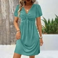 thumbnail image 7 of qucoqpe Womens Summer Short Sleeve T-shirt Dress V Neck Ruched Cocktail Party Tunic Mini Dress Casual Vacation A Line Sun Dress, 7 of 7
