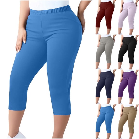 High-Waisted Tummy Control Capri Leggings for Women, Plus Size Stretchy Slim Fit Pants - Soft Cotton Blend Daily Wear Black L
