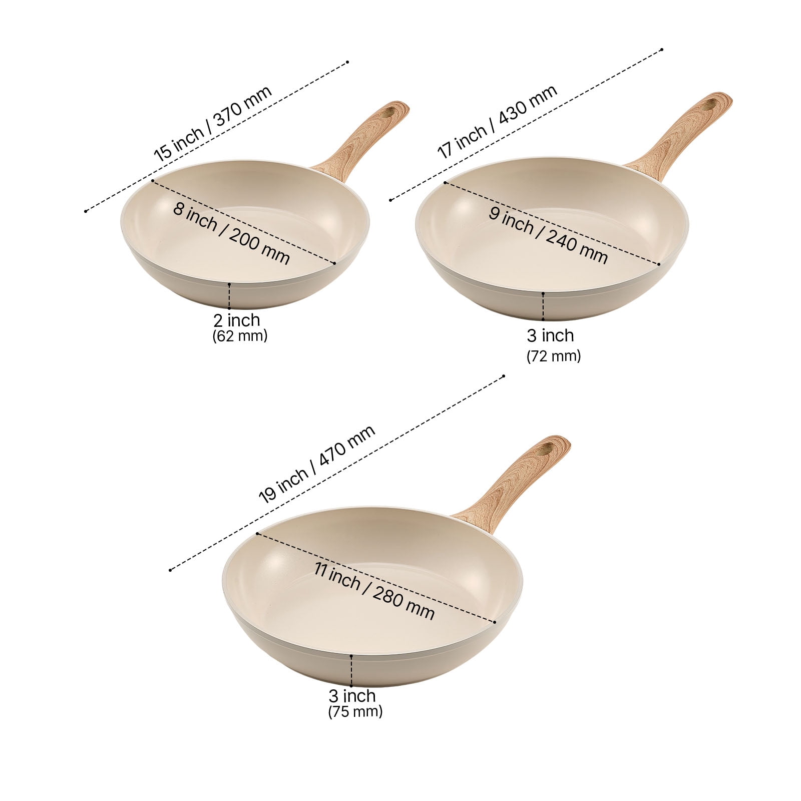 KFFKFF Aluminum Frying Pan Set, Nonstick Ceramic Skillets, 3 Sizes (8, 9.5, 11 in), Durable Cookware with Heat-Resistant Handles, Compatible with Gas, Electric, and Induction Stoves, Beige