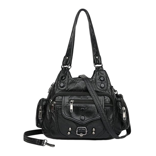 Bolso de hombro de cuero PU perfecl bolso de mano cubo informal cremallera negro