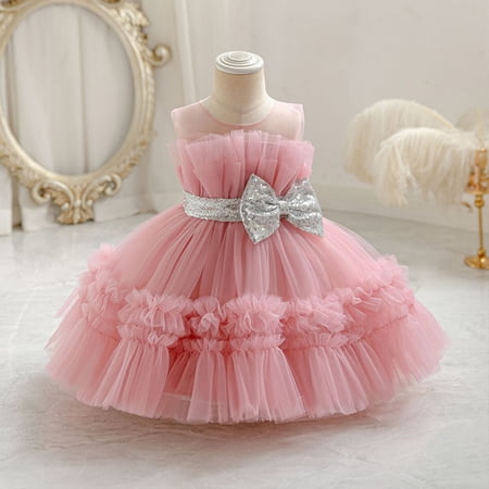 ZHOGXU Kids Girls Summer Dress Sleeveless Round Neck Solid Color Bow Detail Comfortable Fashion Mesh Tutu Dresses For Party Performance Pink 2-3 Years