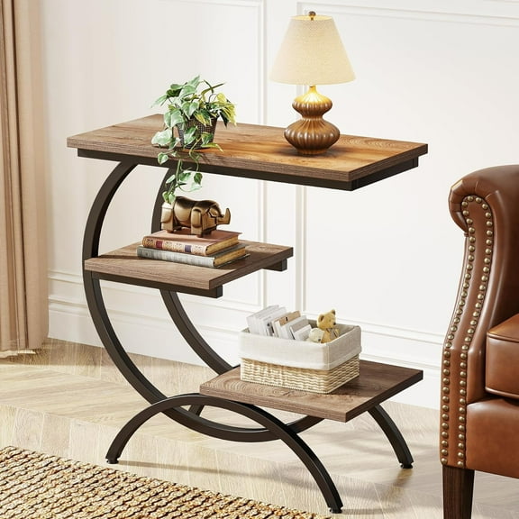 Tribesigns 3-Tier Industrial Style C-Shaped End Table, Compact Side Table with Storage Shelves for Small Space, Living Room, Light Brown & Black