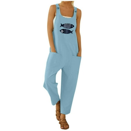 

Premium 2023 Gifts Women Casual Boho Fish Print Pocket Romper Long Playsuit Strap Button Jumpsuit