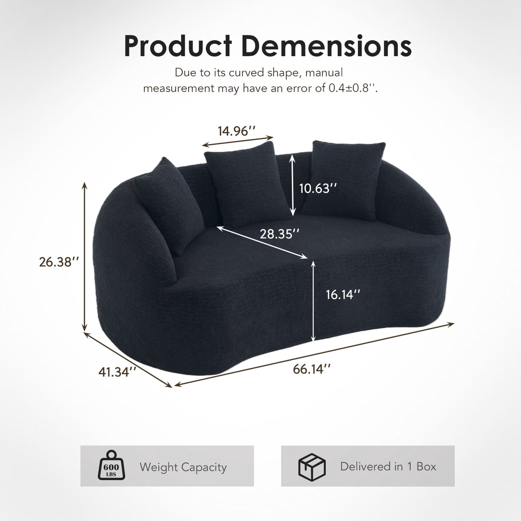 Sailvan Curved Modern Boneless 2-Seater Chenille Sofa Loveseat with 3 Pillows