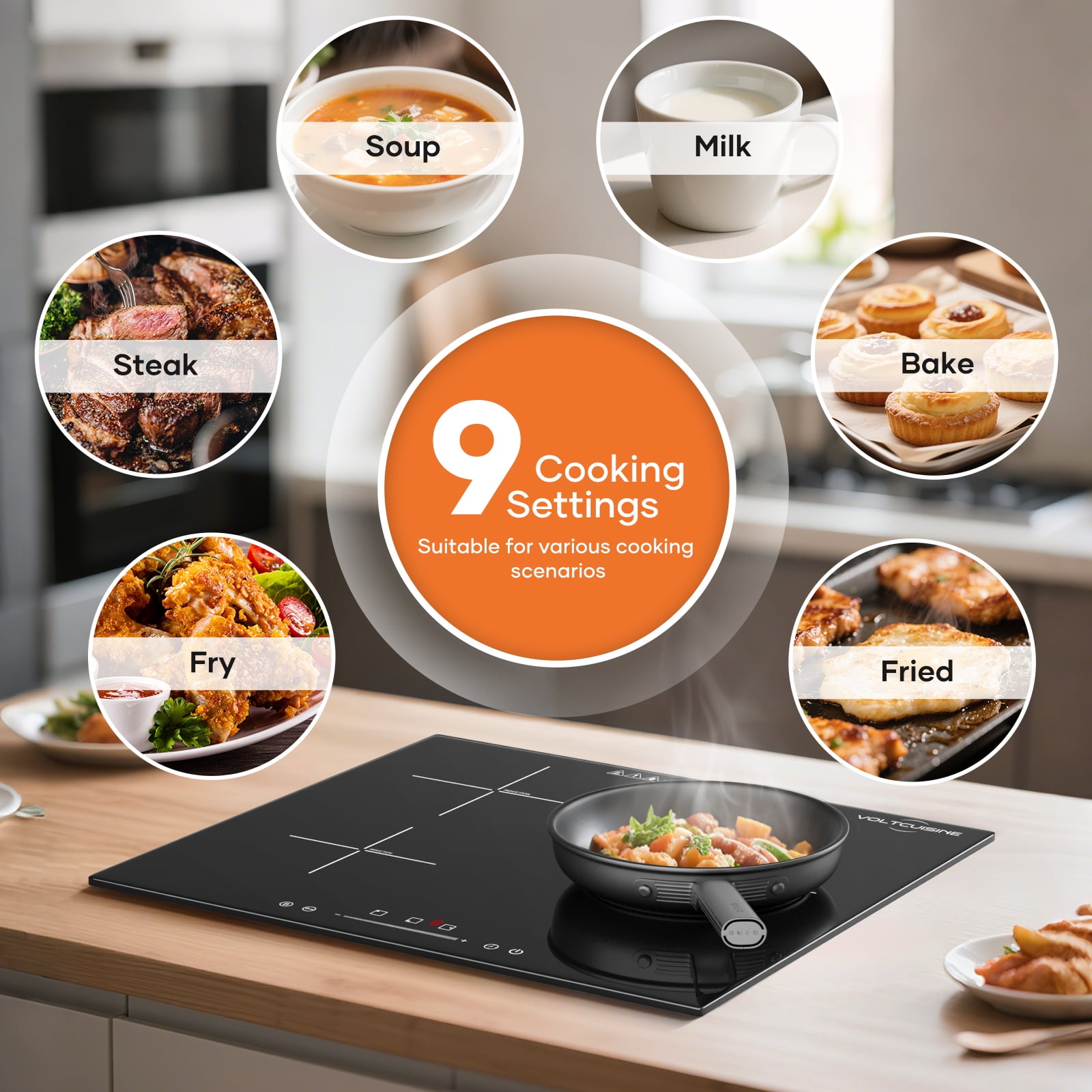 VoltCuisine Induction Cooktop 3 Burner, Shatter-proof Flat Glass Top, 9 Heat Settings, LED Touch Display with Child Safety Lock & Overheat Protection