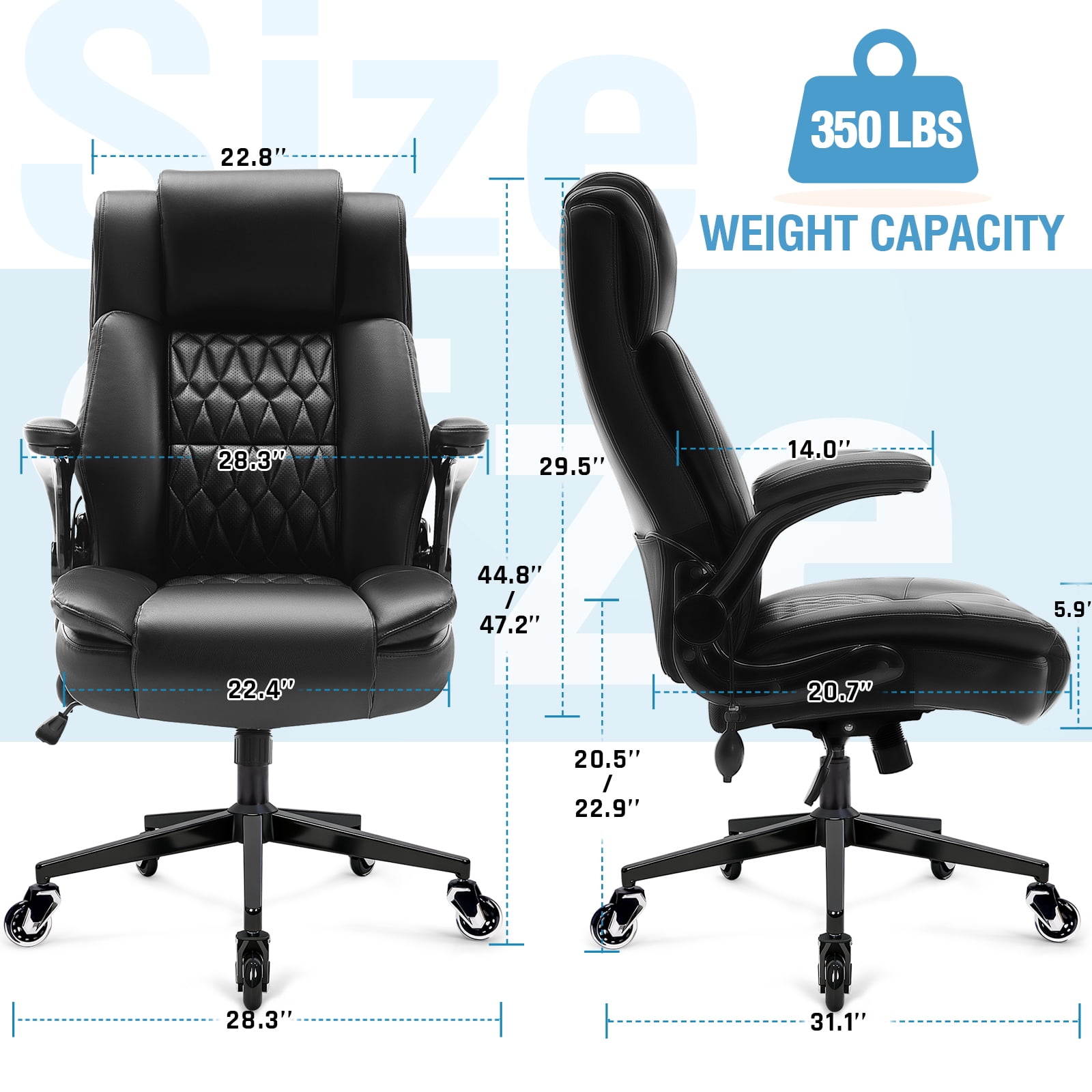 WOSDOM Black Leather Office Chair - Flip Arms Adjustable Built-in Lumbar Support, Executive Computer Desk Chair Work Chairs with with Storage Bags, Strong Metal Base Quiet Wheels, 350 lb
