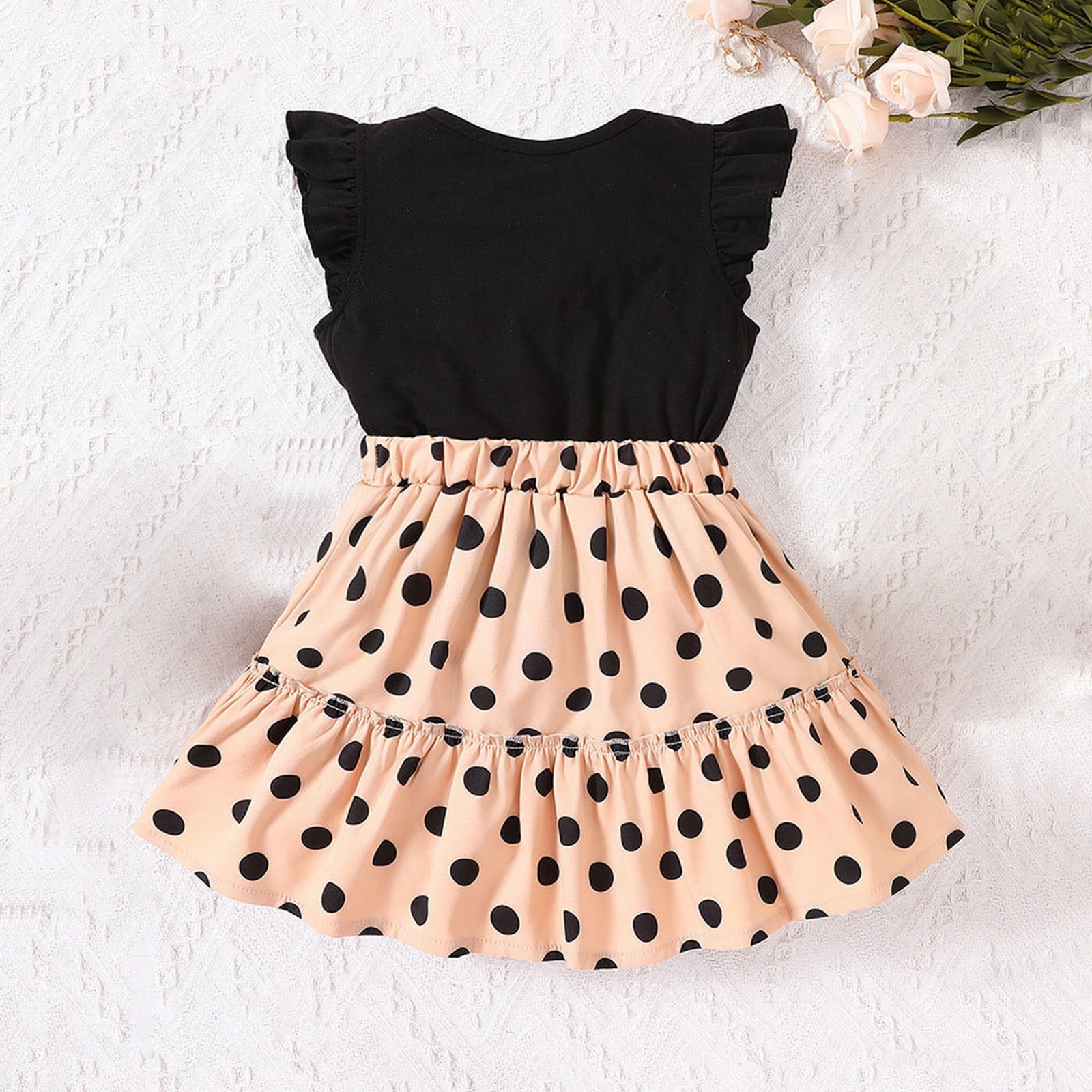 Big Kid Girl Dress Toddler Dress for Wedding Small and Medium Sized Children s Summer Style Small Flying Sleeve Top Polka Dot Girls Clothes Black 6 7