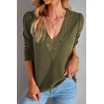 thumbnail image 1 of Women's Green Lace Patchwork V Neck Waffle Knit Top, 1 of 5
