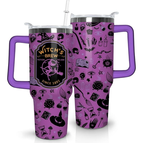 Halloween Tumbler 40 oz Halloween Tumblers with Handle and Straw Purple Witchy Stainless Steel Insulated Coffee Cups Mugs Halloween Gifts Stuff for Women Girls