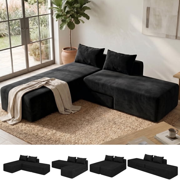 SOBREMESA 4-in-1 Modular Cloud Couch: Adjustable Chaise & Deep Seat Sectional Sofa with 2 Pillows, No Assembly,Black