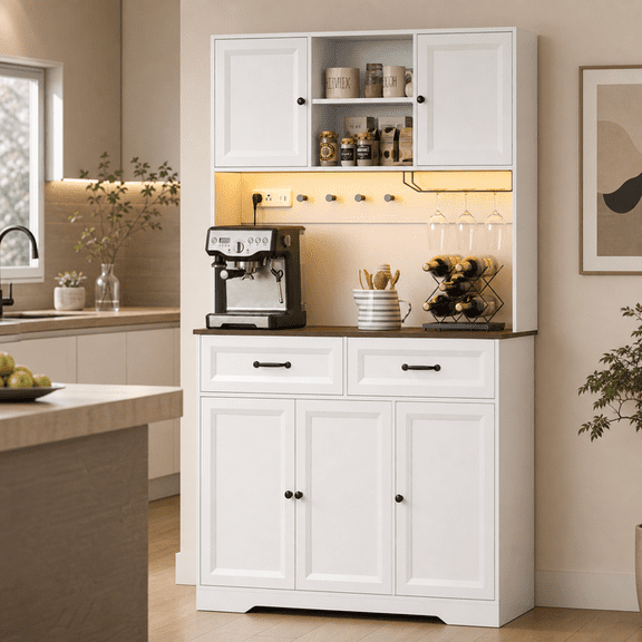 Aiho 71" Farmhouse Kitchen Pantry Storage Cabinet, Modern Coffee Hutch with Doors, Shelves & Microwave Stand, Cupboard for Dining Room - White Retro