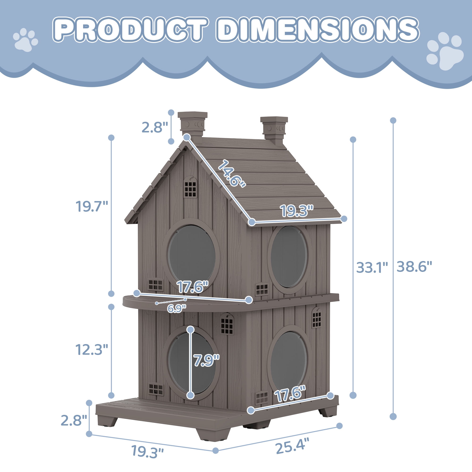 Bifanuo Outdoor Cat House,Weatherproof Resin Cat House,Multi-Layer,Villa-Style Outdoor Cat Shelter,Assemble Easily for Home & Yard,Gray
