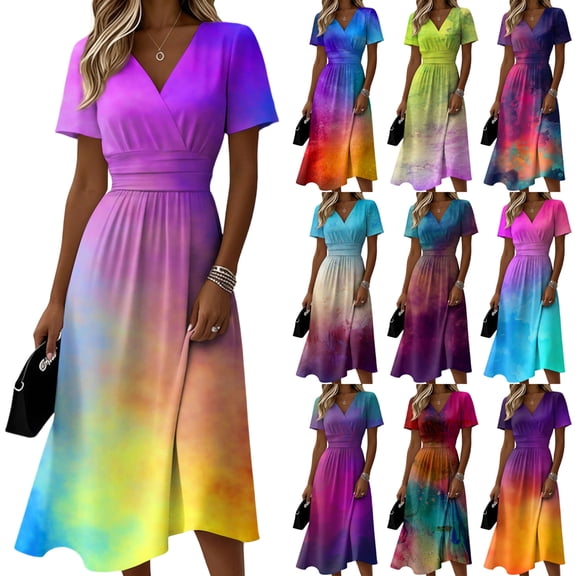 AHMOMEI Women's Maxi Dresses Summer Beach Vacation Wrap V Neck Swing Dress Trendy Loose Tie-Dye Short Sleeved Dress