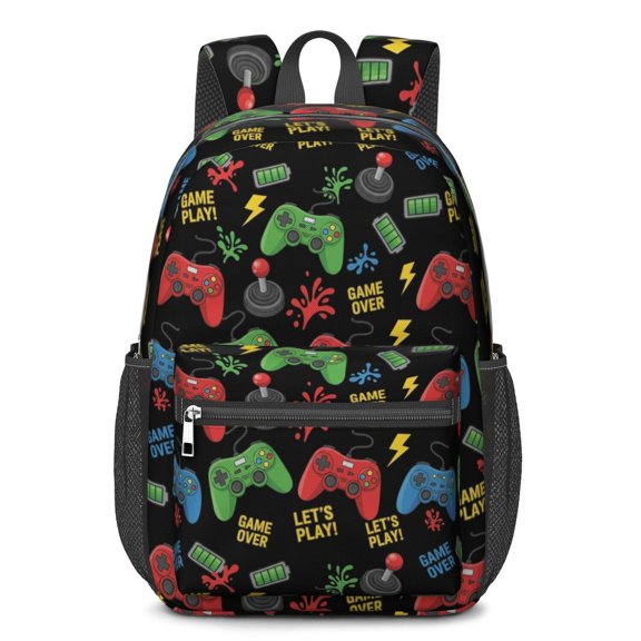 Game Controller Black Pattern 17" School Backpacks for Teens,Waterproof Oxford Fabric,S-Shape Padded Straps for School,Travel,Hiking,Camping