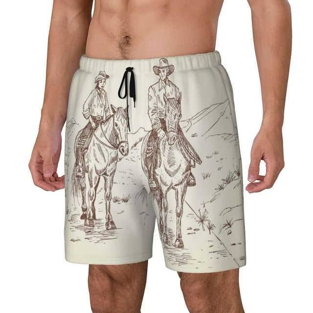 Kdxio Cowboys Riding Horses In Desert Print Mens Swim Shorts with Mesh Lining, Breathable and Quick-Drying, Adjustable Waist, Privacy Pocket-Small