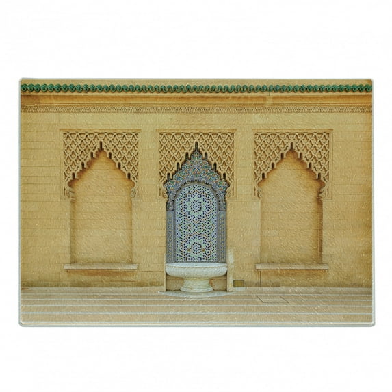 Architecture Cutting Board, Photo of Moroccan Style Fountain with Folkloric Mosaic Tiles, Decorative Tempered Glass Cutting and Serving Board, in 3 Sizes, by Ambesonne