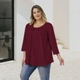 thumbnail image 5 of Womens Plus Size Tunics Loose Fit 3/4 Sleeve Tops Pleated Solid Casual Red Blouses, 5 of 7