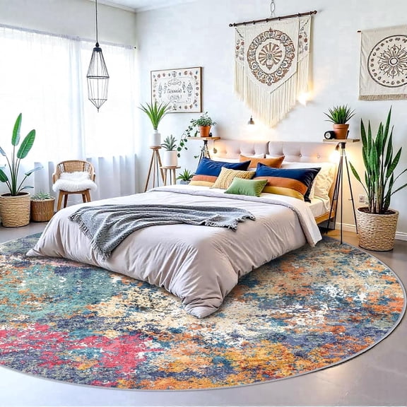YOUFORTONG 9ft Round Washable Abstract Area Rug, Modern Low Pile Carpet, Soft Non-Slip Stain Resistant Indoor Mat for Living Room Bedroom Dining Room,Colorful