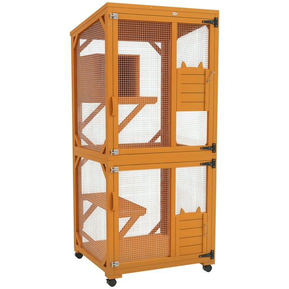Large Cat House with High-Up Resting Box, 71" Wooden Catio with Asphalt Roof, Indoor & Outdoor Cat Enclosure on Wheels, for 1-3 Cats, Orange