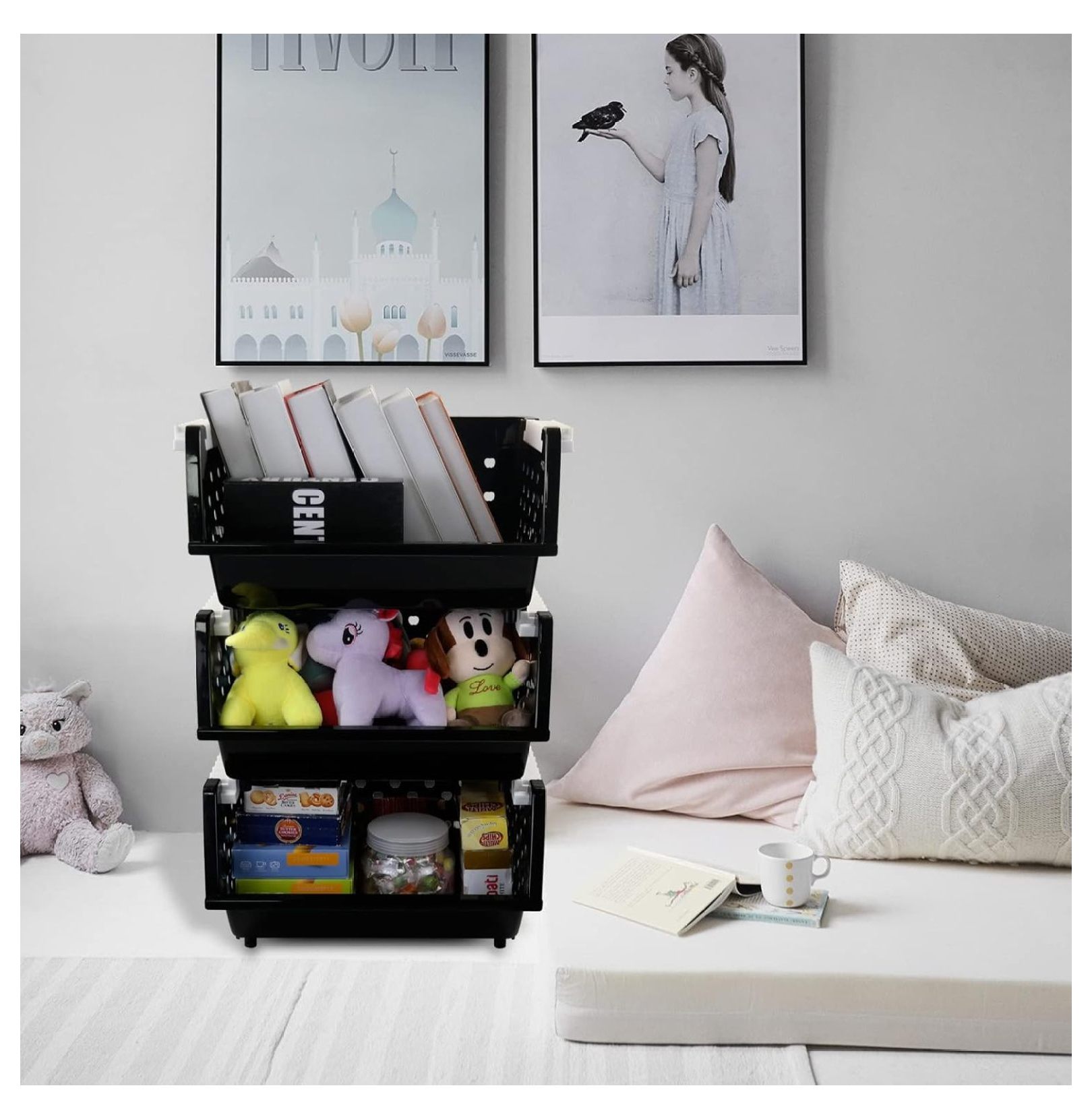3-Pack Plastic Stackable Organizer Basket, Stacking Storage Basket, Black