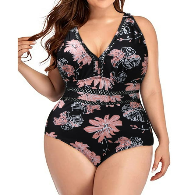 GYUJNB Women Plus Size One Piece Swimsuit Tummy Control Bathing Suit Floral Print Athletic Ruched Swimwear,Black