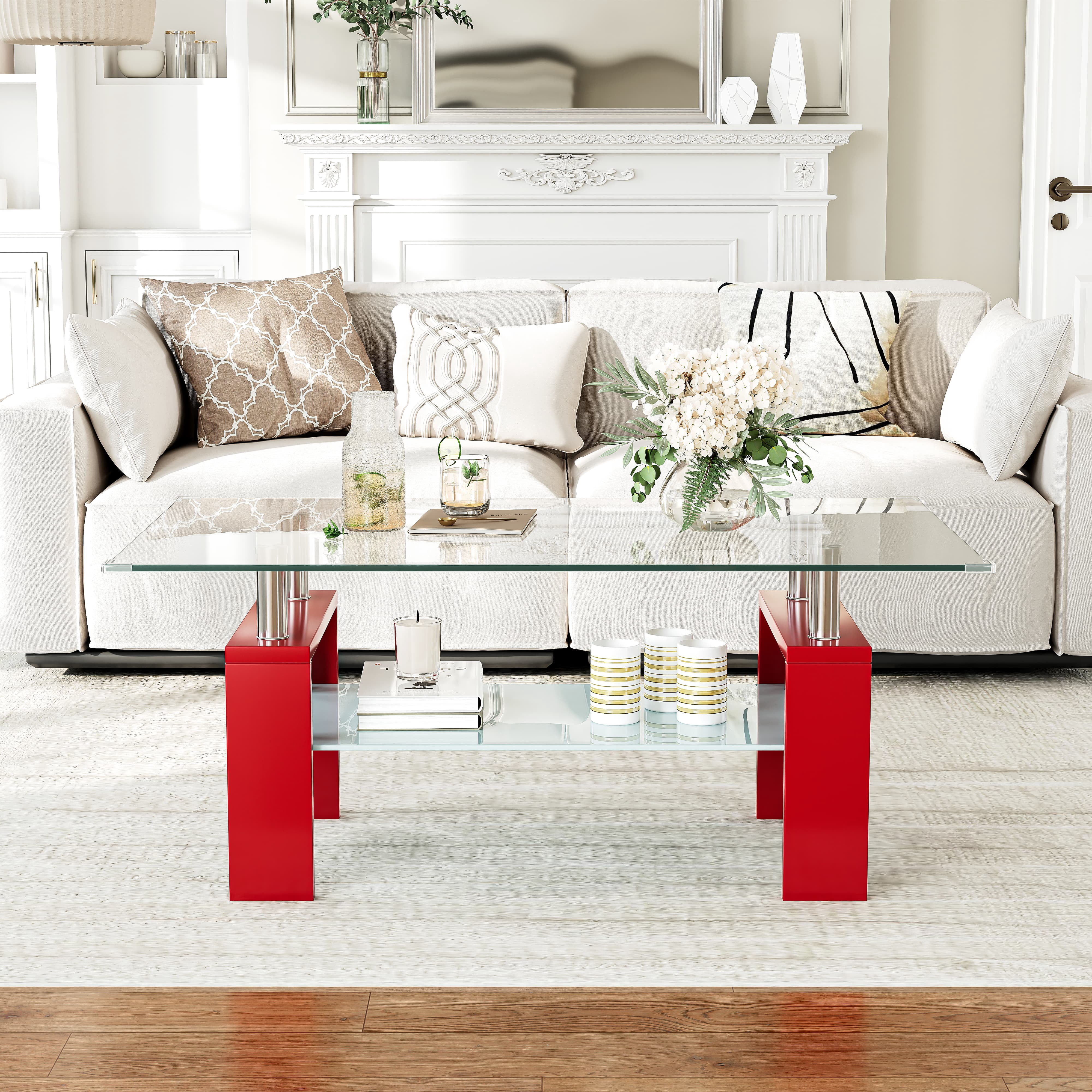 Rectangle Glass Coffee Table, 37.2"  2-Tier Modern Tea Table with Storage Shelf for Living Room