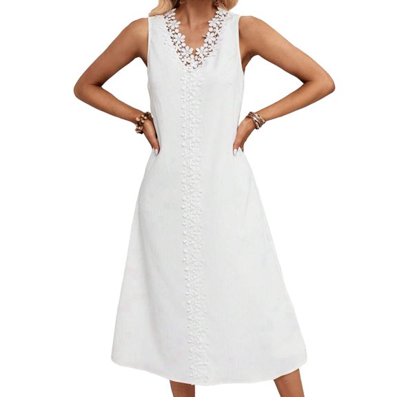 Women'S Summer Dresses Casual Sleeveless Lace V Neck Midi Dresses Sleeveless Swing Vacation Beachwear White XL