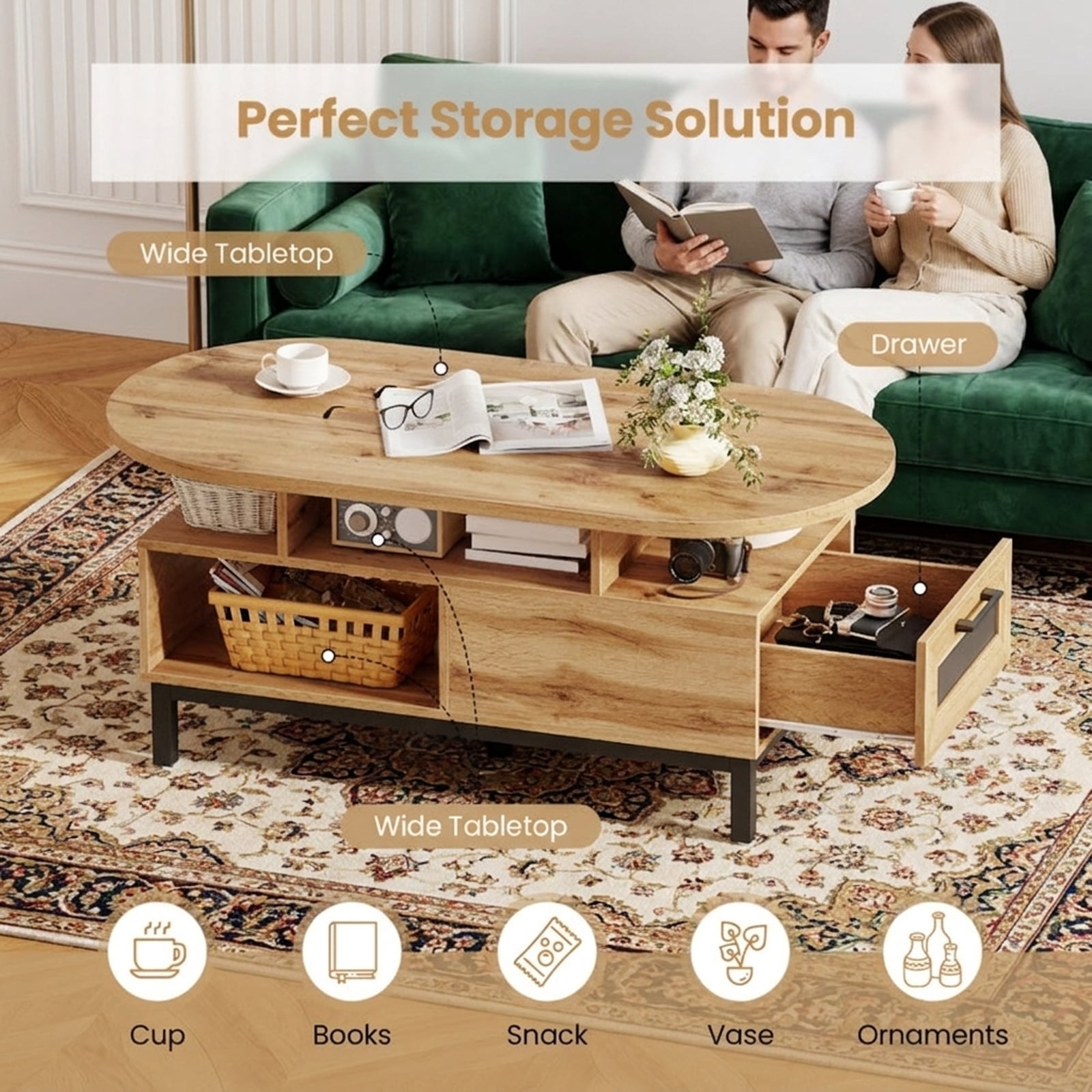 Furnibear 47 Inch Oval Coffee Table with Storage and Open Compartments for Living Room - Natural - Living Room Cocktail Center Table