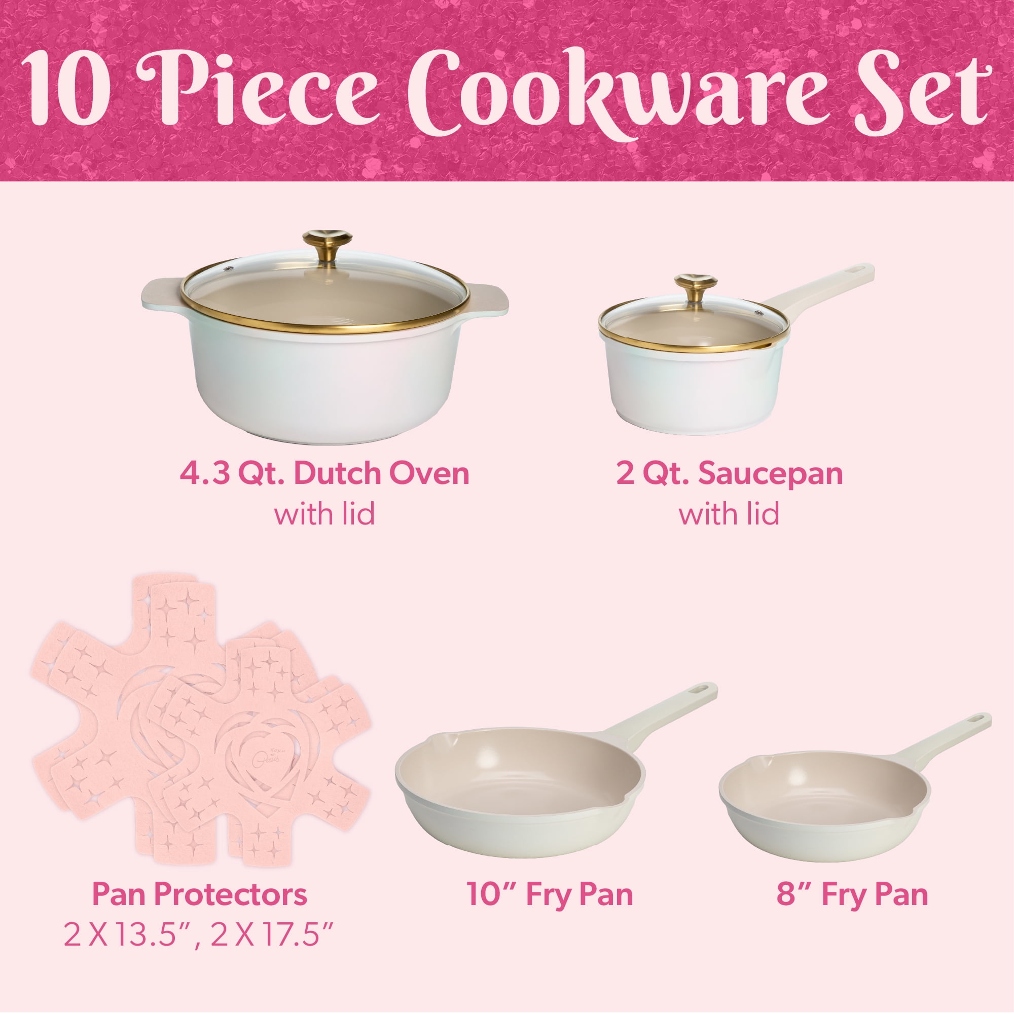 Paris Hilton Clean Ceramic Nonstick Cast Aluminum Cookware Set with Heart Shaped Lid Knobs 10 Piece Pink