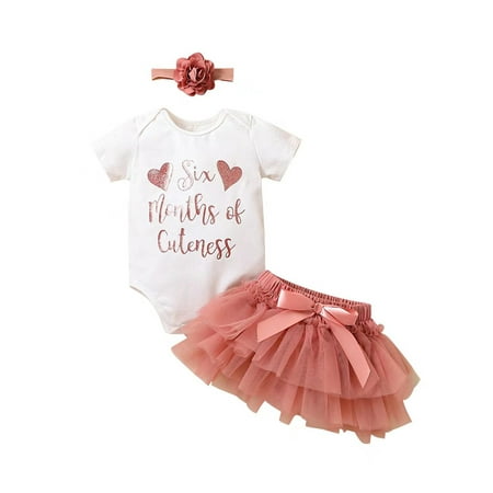 

TFFR 3Pcs Infant Baby Girls Outfits Letter Heart Print Short Sleeve Romper Tutu Skirt Headband Set