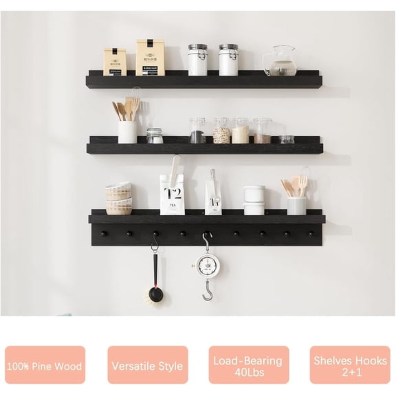 MBYD Black Picture Ledge Shelf with Hooks, 24 Inch Floating Book Shelves Kids Room, Wall Mounted Nursery Bookshelves, Hanging Bookshelf for Bedroom, Living Room, Kitchen, Bathroom Set of 3